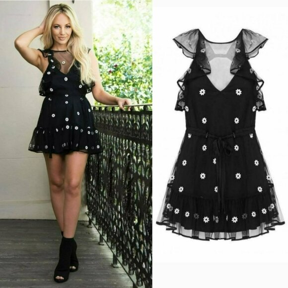 Alice McCall Dresses & Skirts - Alice McCall Embroidered Daisy Flower Black Sheer Mesh Floral Mini Dress